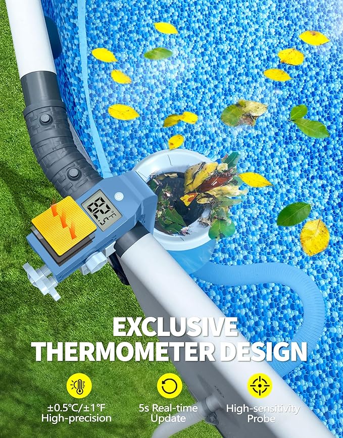 BluSwim Above Ground Pool Skimmer with Solar Digital Thermometer | Wall Mount Surface Skimmer - Auto Skimming Pool Floating Debris | 2 Upgraded Bracket - Stable&Height Adjustable-Steel Blue