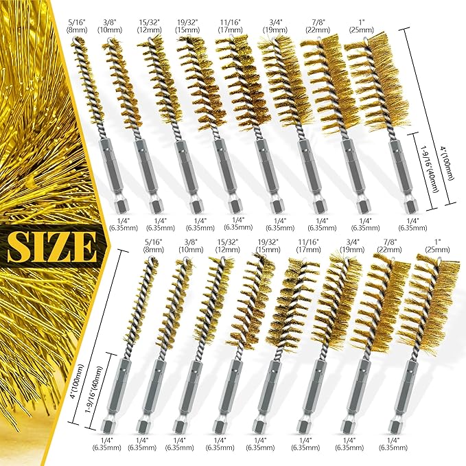 16-Piece Bore Brush Set - Brass Drill Wire Bore Cleaning Brushes - 1/4" Hex Shank for Power Drills, Impact Drivers, Grinders (8/10/12/15/17/19/22/25mm)