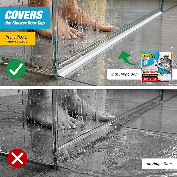 Shower Threshold Water Dam Barrier 98" - White Collapsible Walk in Shower Water Guard - Door Bottom Seal Strip Leak Guard by Hippo Dam