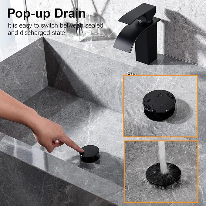 Bathroom Vessel Sink Drain with Overflow - 1 3/4 Inch Bathroom Sink Stopper, Push and Seal Pop up Sink Drains, Bathroom Sink Vanity Assembly with Strainer, Anti Clogging, Black