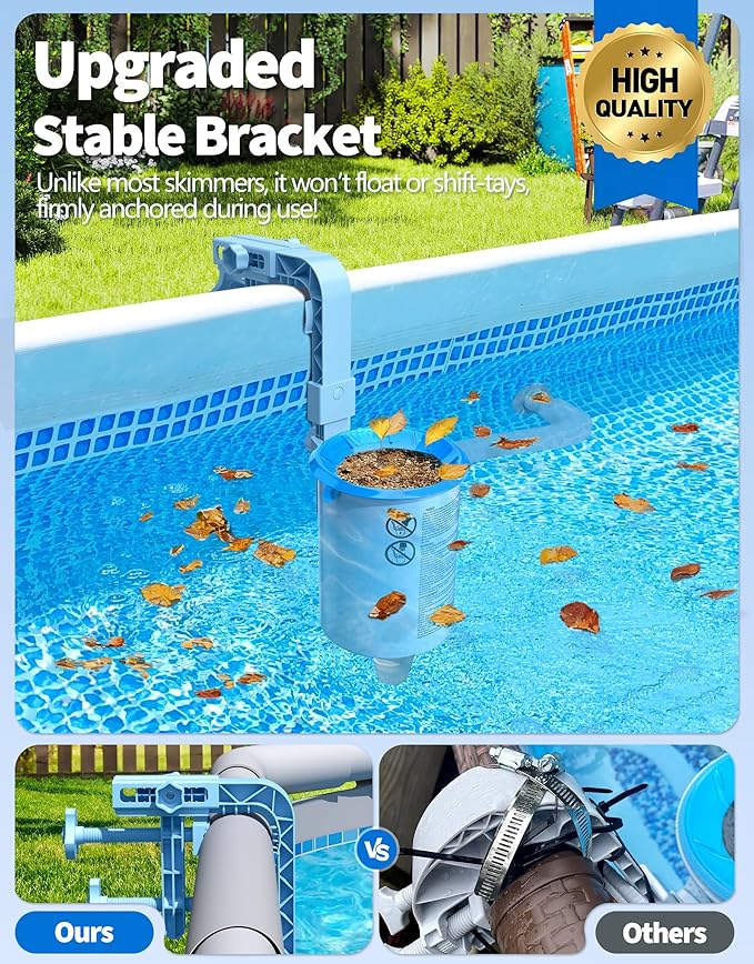 BluSwim 2026 Above Ground Pool Surface Skimmer Come with 3 Filter Socks, Enhanced Structure & Thickened Brackets Wall Mount Pool Skimmer, Floating Top Skimmers - Auto Skimming Surface Debris - Blue