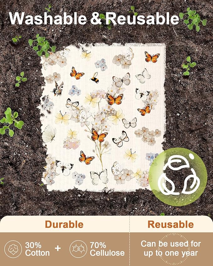 Miss Adola Kitchen Swedish Dishcloths with Hooks - 6 Pack Reusable Dish Cloths for Washing Dishes Fast Drying Cute Fun Swedish Dish Towels Washable Cleaning Sponge, Plant Butterfly