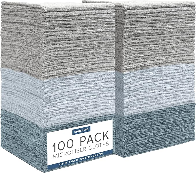S&T INC. 100 Pack Microfiber Cleaning Cloth, Edgeless Bulk Towels for Home, Reusable Microfiber Towels for Cars, Cleaning Rags, Assorted Blue and Grey, 11.5 Inches x 11.5 Inches, 100 Count
