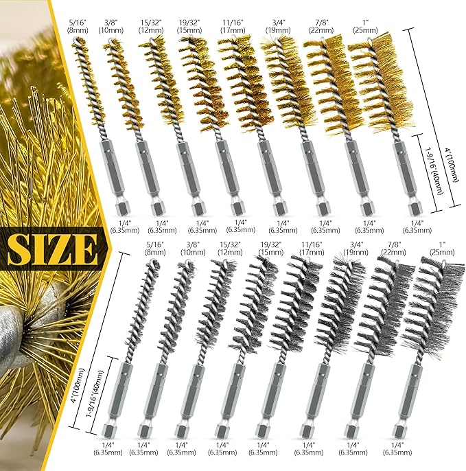 16-Piece Bore Brush Set - 304 Stainless Steel & Brass Drill Wire Bore Cleaning Brushes - 1/4" Hex Shank for Power Drills, Impact Drivers, Grinders (8/10/12/15/17/19/22/25mm)