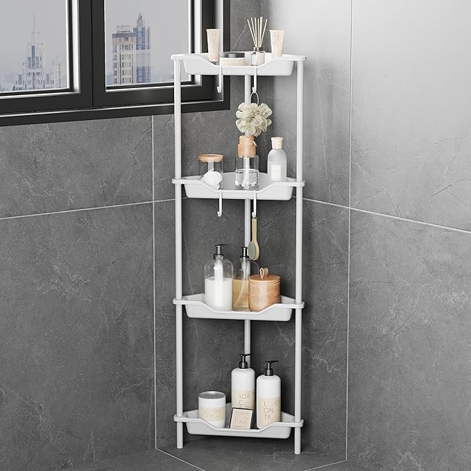 ODesign 4 Tier Corner Shower Caddy,Corner Shower Shelves for Living Room Bedroom Bathroom,Shower Table,Plastic Metal Splicing Ground Cabinet Storage Rack,10.8 x 10.8 x 44.6 inches White-Rustproof