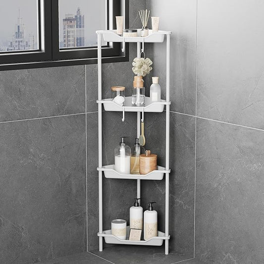 ODesign 4 Tier Corner Shower Caddy,Corner Shower Shelves for Living Room Bedroom Bathroom,Shower Table,Plastic Metal Splicing Ground Cabinet Storage Rack,10.8 x 10.8 x 44.6 inches White-Rustproof