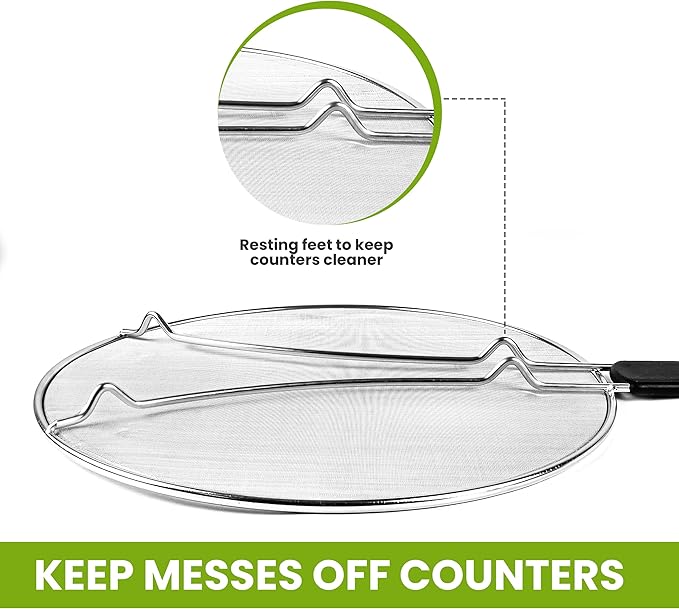 13" Grease Splatter Screen for Cooking | Stainless Steel Oil Splatter Guard and Ultra-Fine Mesh Protects Skin from Burns | TPR Tight-Grip Handle (Black)