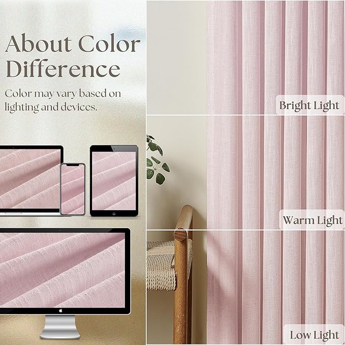 Light Pink Pinch Pleated Linen Cafe Curtains 45 Inch Length 2 Panels for Dining Room Kitchen Bedroom Semi Sheer Pleat Drapes with Hooks Rings Light Filtering Short Window Curtain Cabinet 40x45