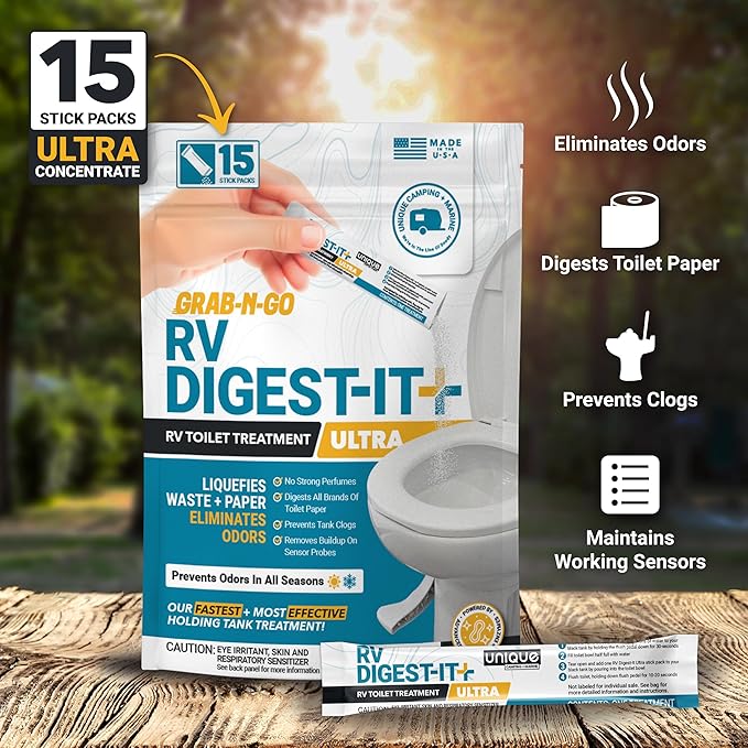 Unique RV Digest-It Ultra Stick Pack, 15 Count, Extra-Strength RV Toilet Treatment, No-Mess, Pre-measured, Grab-N-Go Bio-Enzymatic Black Tank Treatment, Eliminates Smells and Prevents Clogs