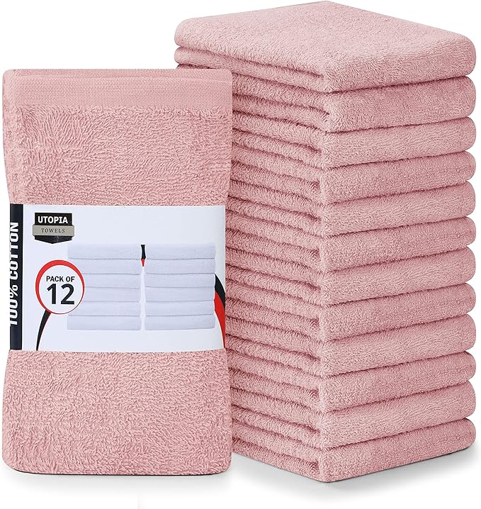 Utopia Towels Kitchen Bar Mops, Pack of 12, 16 by 19 Inches, 100% Cotton Super Absorbent Dusty Pink Towels, Multi-Purpose Cleaning Towels for Home and Kitchen Bars