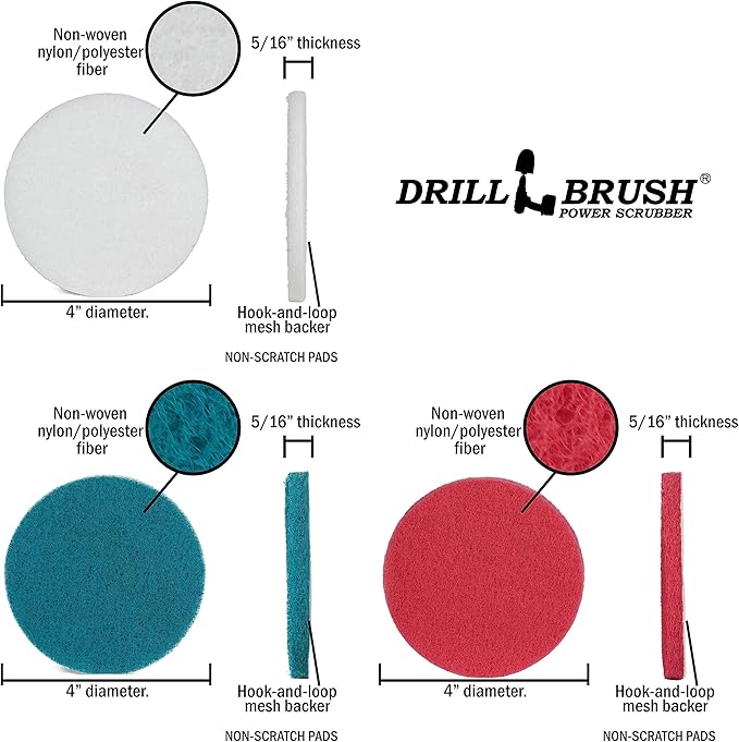 Drillbrush Commercial Heavy Duty Scouring Pads and Scrubber Set Drill Powered Nylon Scrub Brush Attachment Set Outdoor Cleaning Drill Brush Power Scrubber