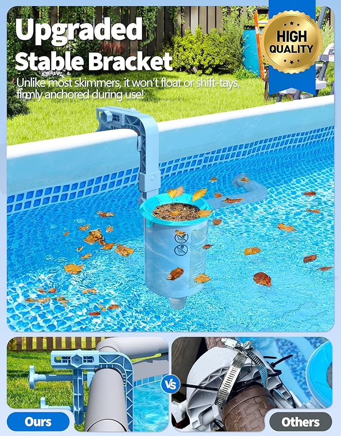 BluSwim 2026 Above Ground Pool Surface Skimmer Come with 3 Filter Socks, Enhanced Structure & Thickened Brackets Wall Mount Pool Skimmer, Floating Top Skimmers - Auto Skimming Surface Debris - Green