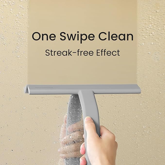 dancemoon JustHang Shower Squeegee for Glass Doors, All-in-One Piece Silicone Squeegee with Built-in Hook for Bathroom, Window, Mirror, Tile Wall, Car, Streak-Free Bathroom Cleaner Tool,10 Inch Gray