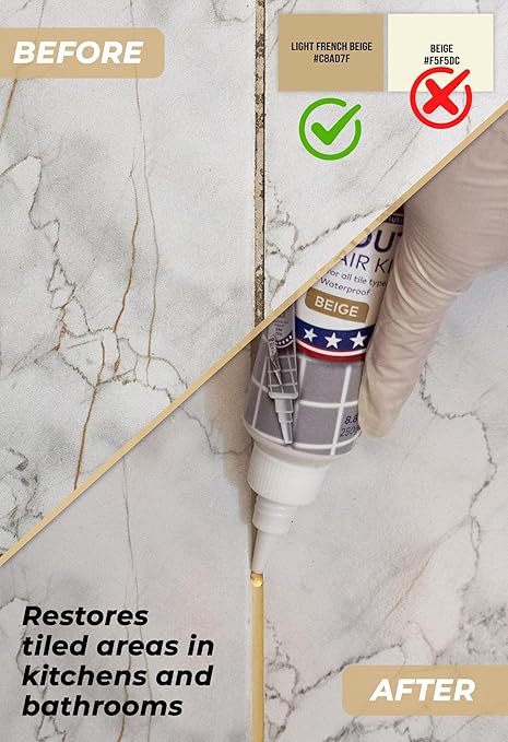 Tile Grout Repair, Beige 8.8 oz/250gr. Fast Drying Grout Repair Kit, Grout Filler Tube Repair Kit, Tile Grout Paint, Grout Sealer Restore and Renew Bathroom Floor, Tile Gaps, Joints, Lines