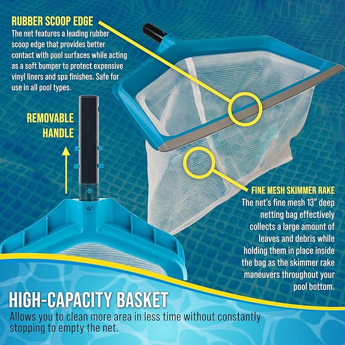 U.S. Pool Supply Pool Skimmer Net - Leaf Rake Fine Mesh Pool Skimmer Net, Rubber Scoop Edge, 13" Deep Leaf Bag, Aluminum Pole Handle - Skim Surface Leaves, Clean Spa Hot Tub Pond Inground Above Ground