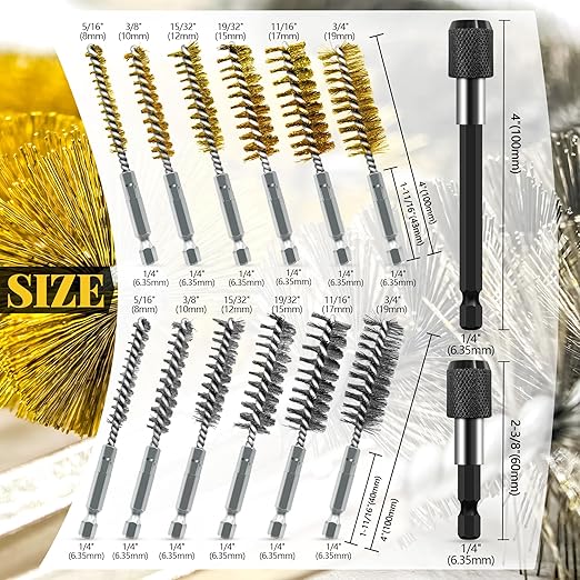 14-Piece Bore Brush Set - 304 Stainless Steel & Brass Drill Wire Bore Cleaning Brushes - 1/4" Hex Shank with Extension Bar for Power Drills, Impact Drivers, Grinders (8/10/12/15/17/19 mm)