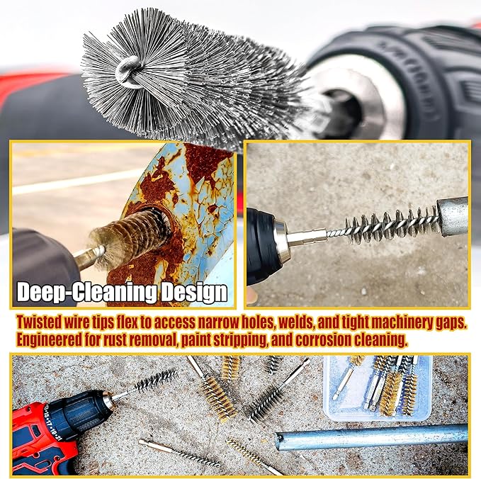 16-Piece Bore Brush Set - 304 Stainless Steel & Brass Drill Wire Bore Cleaning Brushes - 1/4" Hex Shank for Power Drills, Impact Drivers, Grinders (8/10/12/15/17/19/22/25mm)