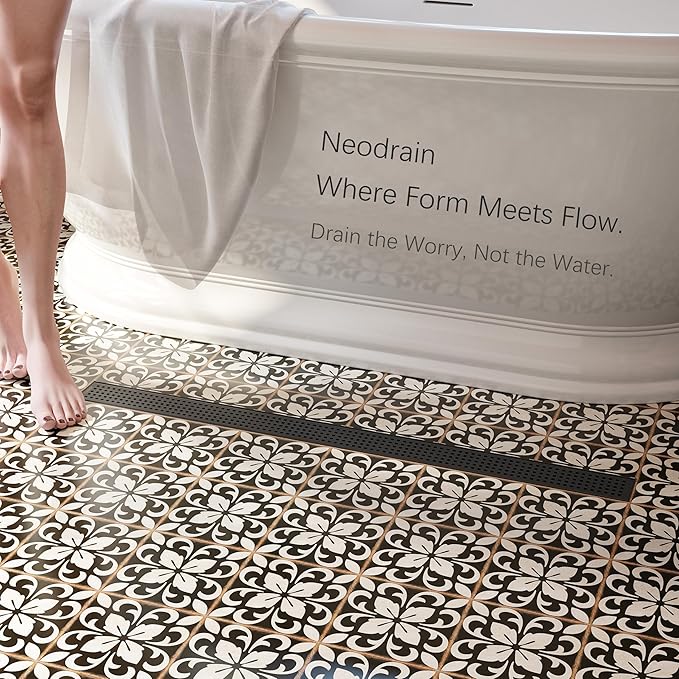 Neodrain 40" Black Linear Shower Drain with Removable Quadrato Pattern Cover, 304 Stainless Steel Rectangle Shower Floor Drains, Matte Black Linear Drain&Leveling Feet, Hair Strainer, CUPC Certified