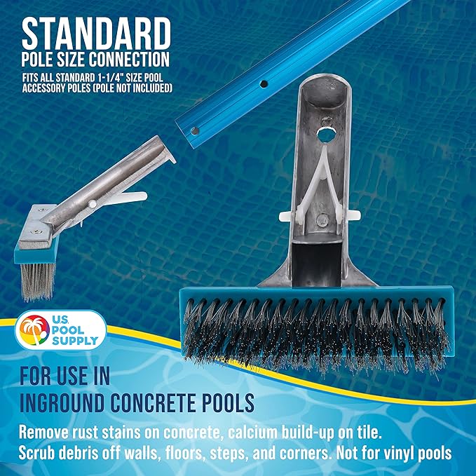 U.S. Pool Supply Pool Brush Head for Inground Pools - 5" Stainless Steel Pool Brush, Metal Wire Bristles, Scrubbing Scrubber Brushes - Remove Calcium Build-Up on Tiles, Rust Stains on Concrete Walls
