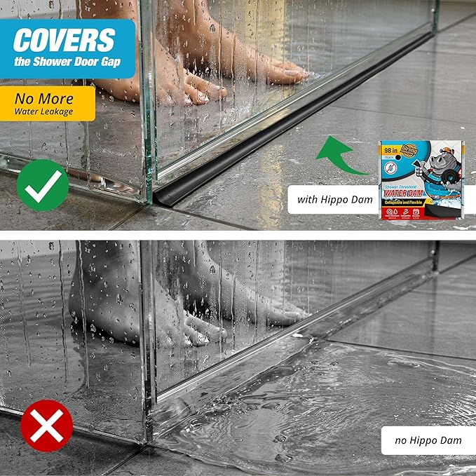 Shower Threshold Water Dam Barrier 98" - Black Collapsible Walk in Shower Water Guard - Door Bottom Seal Strip Leak Guard by Hippo Dam