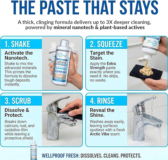 Wellproof Hard Water Stain, Soap Scum, Limescale, Calcium & Rust Remover for Home Appliances – 3X Nanotech Deep Cleaner – No Bleach, No Chemical Fumes – Safe for Family & Washable Hard Surfaces
