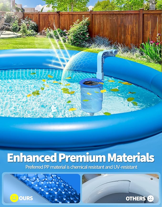 BluSwim 2026 Above Ground Pool Surface Skimmer Come with 3 Filter Socks, Enhanced Structure & Thickened Brackets Wall Mount Pool Skimmer, Floating Top Skimmers - Auto Skimming Water Surface Debris