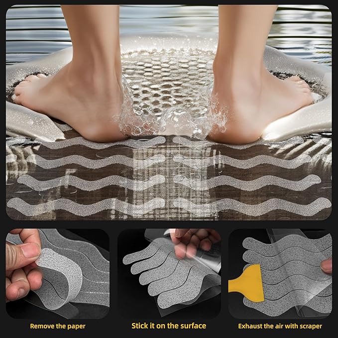 20-Pack Clear Bathtub Stickers Non-Slip, Wave-Shaped Shower Decals with Scraper, Peel-and-Stick Tub Treads for Kids & Elders, Removable, No-Residue, 7.8"x0.8" Each