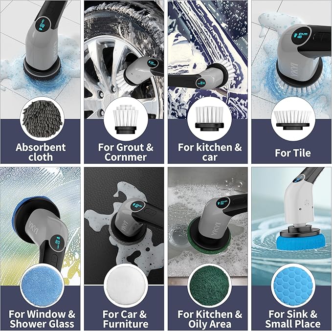 YKYI Electric Spin Scrubber-Cordless Power Scrubber with 8 Brush Heads, 3 Speeds & Adjustable Long Handle, IPX7 Waterproof Shower Cleaning Brush for Bathroom Tile, Bathtub, Grout, Kitchen(Gray)