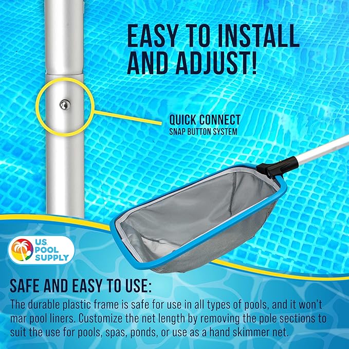 U.S. Pool Supply Swimming Pool 6-Foot Long Leaf Skimmer Net with 13" Aluminum Frame & Pole Sections - 5" Deep Ultra Fine Mesh Netting Bag Basket for Fast Cleaning of the Finest Debris, Clean Spas Pond