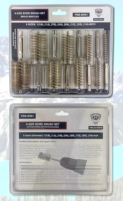 [8-Size_2 Sets] Bore Brush Set, Brass / Copper Wire Brush for Power Drill, Drill Brush Set, Metal Brush, Cleaning Brush, 1(1/8), 1.0, 7/8, 3/4, 5/8, 1/2, 3/8, 1/4-inch Diameter, w/ 1/4-in Hex Shank