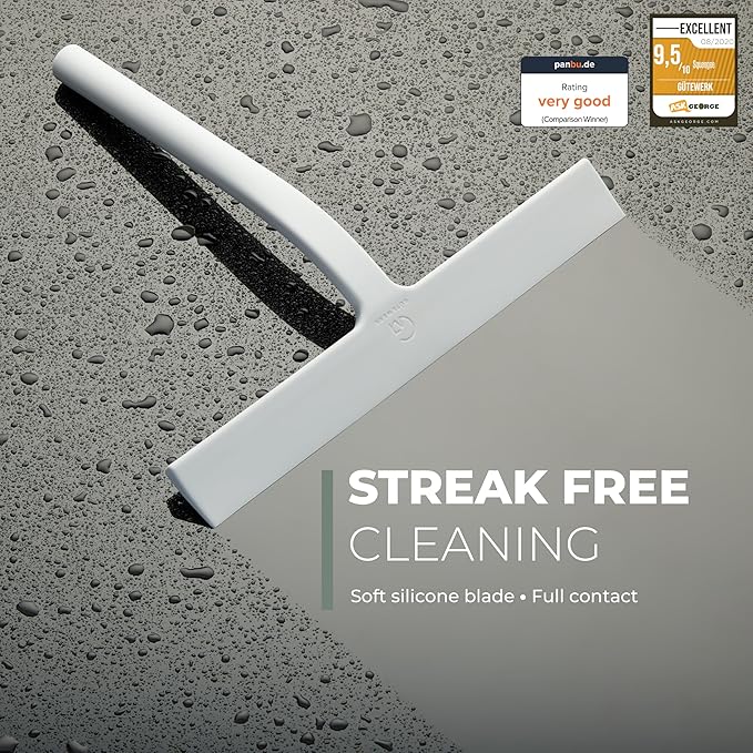 GÜTEWERK Shower Squeegee for Glass Doors, Silicone Window Squeegee, Bathroom and Glass Cleaning - White - 15 Inch