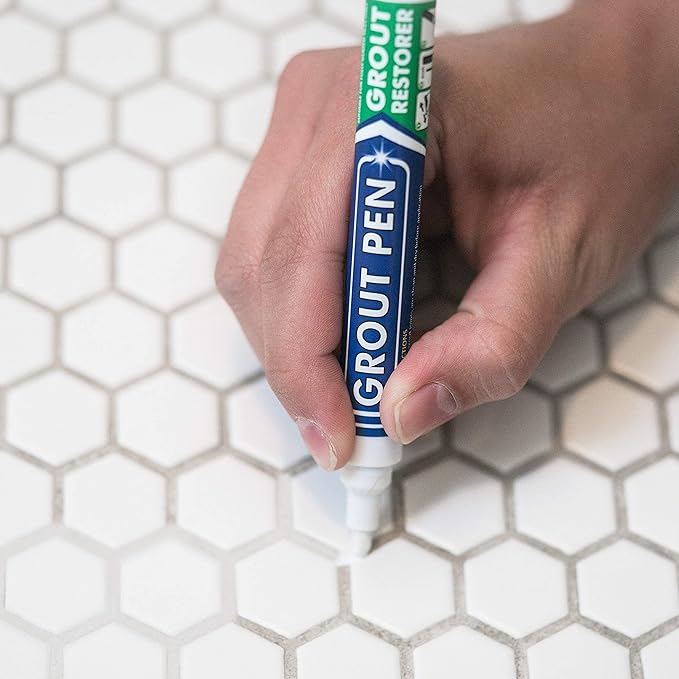 Grout Pen Tile Paint Marker: Waterproof Grout Colorant and Sealer Pen to Renew, Repair, and Refresh Tile Grout - Cleaner Coating Stain Pens - 2 Pack, 15mm Wide Brown and 5mm Narrow White Tip