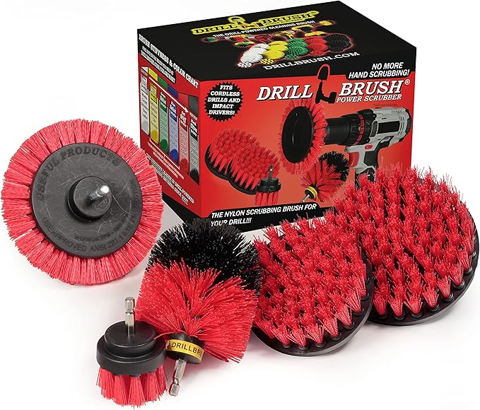 Red Stiff Bristle 5 Piece Cleaning Brush Kit - Outdoor Power Scrubber Brush Kit - Garden, Deck, and Patio Cleaning Tools Set - Concrete Stain Remover - Garden, and Lawn Equipment Cleaning Brush Set