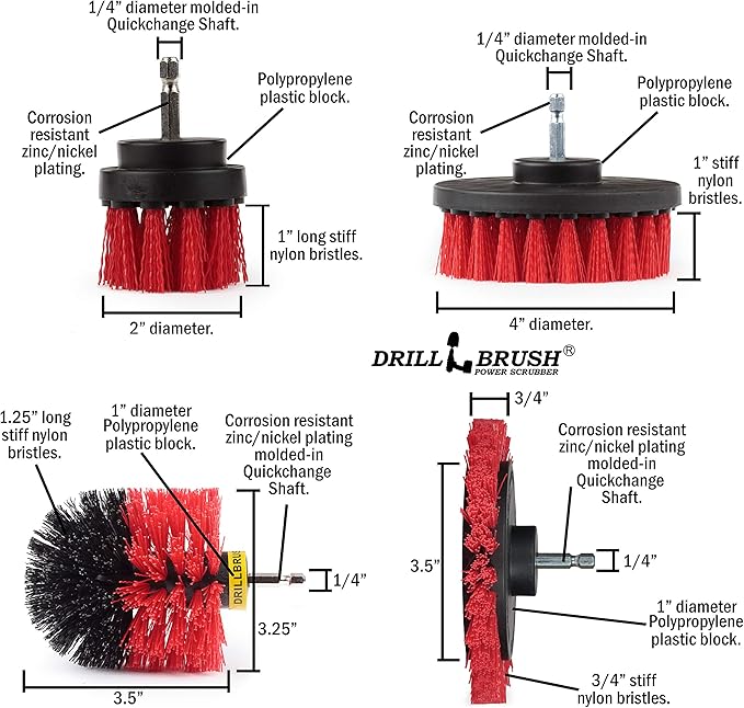 Drillbrush Commercial Heavy Duty Scouring Pads and Scrubber Set Drill Powered Nylon Scrub Brush Attachment Set Outdoor Cleaning Drill Brush Power Scrubber