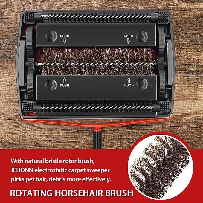 JEHONN Carpet Floor Sweeper Manual with Horsehair, Non Electric Quite Rug Roller Brush Push for Cleaning Pet Hair, Loose Debris, Lint (Red)