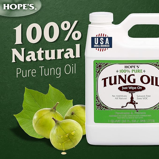 HOPE'S 100% Pure Tung Oil, Food Safe, Premium Waterproof Natural Wood Finish and Sealer for Indoor and Outdoor Projects, 32 Fl Oz, 1 Pack