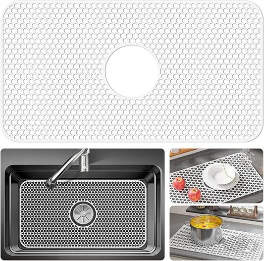 Silicone Sink Protectors for Kitchen Sink - 26"x 14" Kitchen Protector Accessory, Non-Slip Heat Resistan Mat for Bottom of Farmhouse Stainless Steel Porcelain (Center Drain Hole,White)
