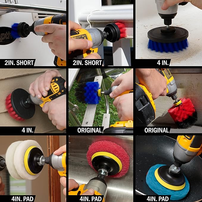 14 Piece Drillbrush Bundle - Stiff and Medium Stiffness Brushes - Pool Cleaning - Deck Scrub Brush - Drill Attachment Brush - Drillbrush Pads
