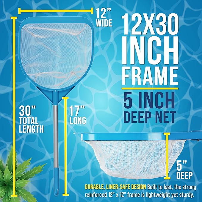 U.S. Pool Supply Pool and Spa Skimmer Net with Pole, 30" Long Handheld Fine Mesh Pool Skimmer Net - Hand Held Spa, Hot Tub, Pond Cleaning - 17" Pole Handle, Deep Leaf Netting, Scoop Skim Leaves