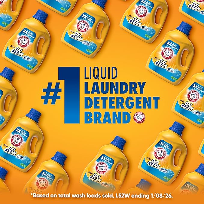 ARM & HAMMER Plus OxiClean Ultra Stain Fighters Liquid Laundry Detergent, Stain Remover for Clothes, Clean Meadow, 74 Loads, 96.2 fl oz