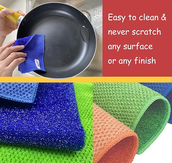6-Pack Reusable, Scrub Dish Cloth –Non-Scratch Microfiber Scrubber, Planet-Friendly, Easy Rinsing, Quick Dry, Dishwasher Safe Cloth for Kitchen & Household, 6 x 6 Inch, Orange, Blue & Green Assorted