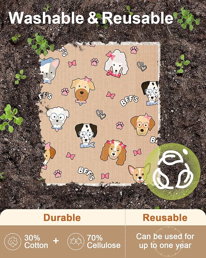 Miss Adola Kitchen Swedish Dishcloths with Hooks - 6 Pack Reusable Dish Cloths for Washing Dishes Fast Drying Cute Fun Swedish Dish Towels Washable Cleaning Sponge, Furry Dog