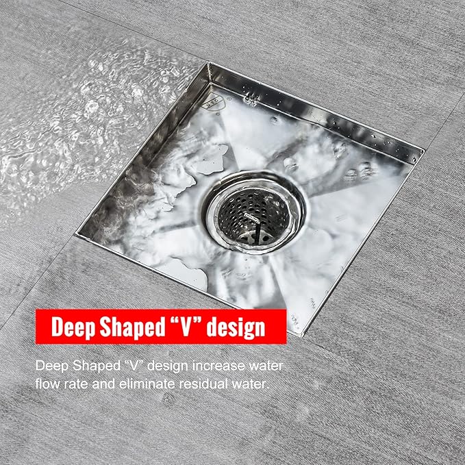 SaniteModar Shower Drain, Invisible 6 inch Square Shower Drain 2-in-1 Tile Insert Cover, 304 Stainless Steel Brushed Shower Floor Drain with Hair Catcher and Threaded Adapter
