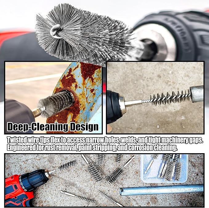 16-Piece Bore Brush Set - 304 Stainless Steel Drill Wire Bore Cleaning Brushes - 1/4" Hex Shank for Power Drills, Impact Drivers, Grinders (8/10/12/15/17/19/22/25mm)