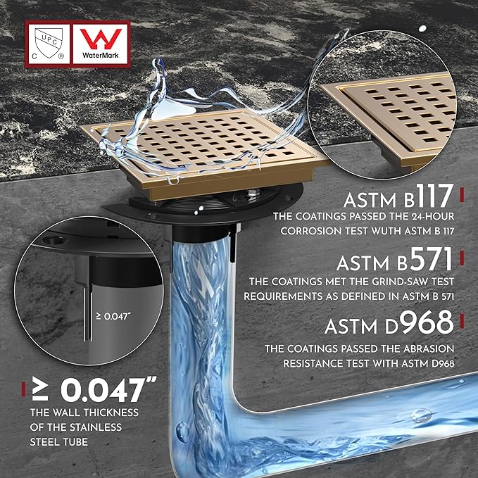 WEBANG 6 Inch Square Shower Floor Drain with Flange,Quadrato Pattern Grate Removable,Food-Grade SUS 304 Stainless Steel,Watermark&CUPC Certified,Champagne Bronze