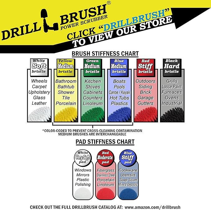 14 Piece Drillbrush Bundle - Stiff and Medium Stiffness Brushes - Pool Cleaning - Deck Scrub Brush - Drill Attachment Brush - Drillbrush Pads