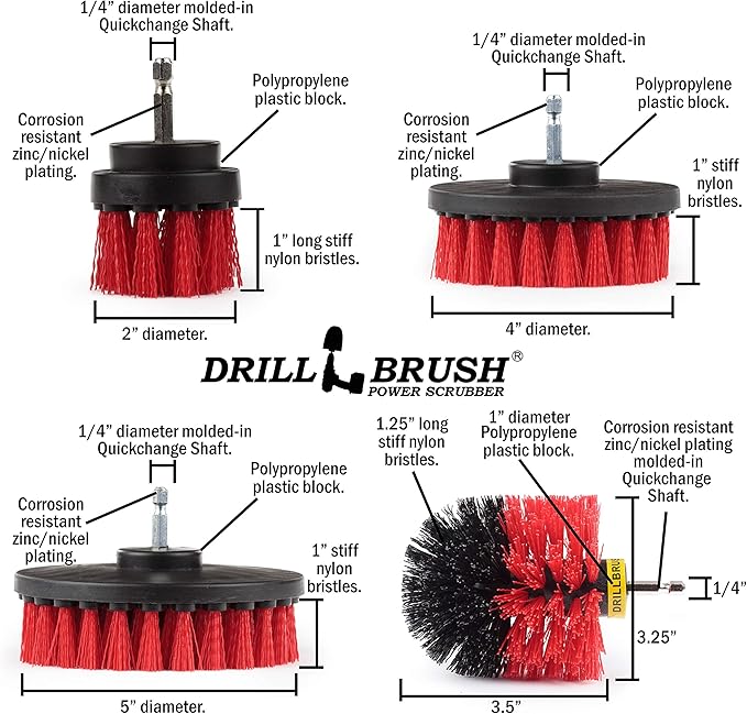 Red Stiff Bristle 5 Piece Cleaning Brush Kit - Outdoor Power Scrubber Brush Kit - Garden, Deck, and Patio Cleaning Tools Set - Concrete Stain Remover - Garden, and Lawn Equipment Cleaning Brush Set