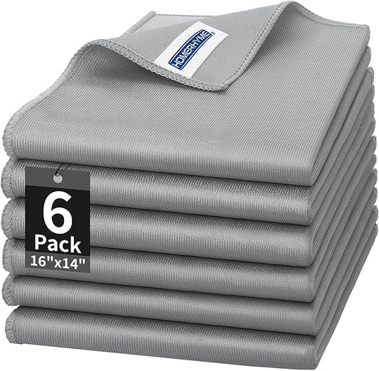 HOMERHYME Microfiber Cleaning Cloth - 6 Pack Glasses Cleaning Cloth, 16" x 14" Window Cleaning Rags, Streak Free Lint Free Polishing Cloths Wipes for Eye Glass, Stainless Steel, Windshield, Grey