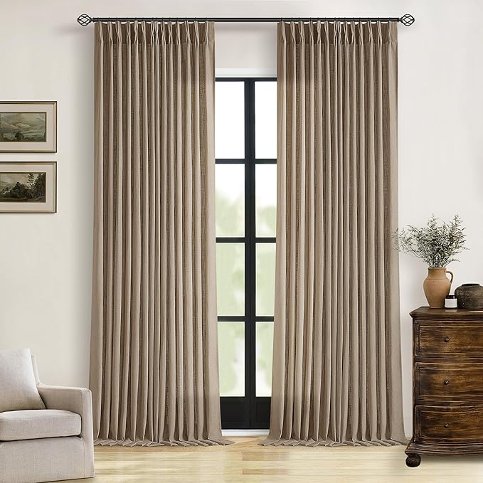 Light Brown 90 Inch Linen Curtains Pinch Pleated for Living Room Bedroom Dining Boho Light Filtering Pinch Pleat Drapes Hooks Rings Back Tab Semi Sheer Tan Latte Coffee Color Window Curtains 2 Panels