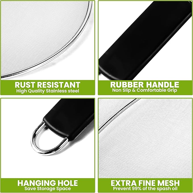 13" Grease Splatter Screen for Cooking | Stainless Steel Oil Splatter Guard and Ultra-Fine Mesh Protects Skin from Burns | TPR Tight-Grip Handle (Black)